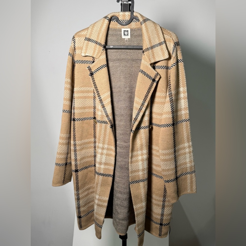 Anne Klein Tan Plaid Open Front Coat size M